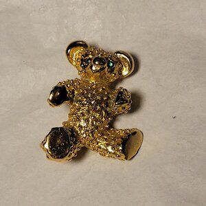 Vintage Gold Metal Teddy Bear Brooch with Green Emerald Colored Rhinestone Eyes